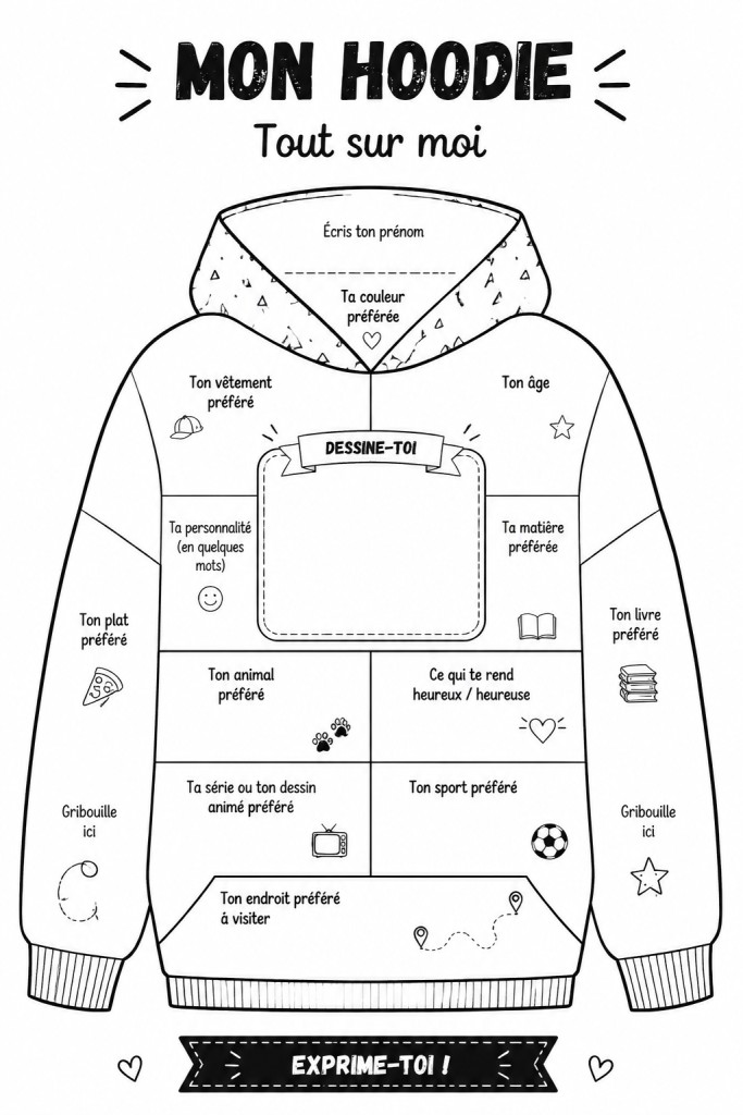 Enfant joyeux portant un hoodie personnalisé avec des dessins colorés.