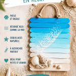 Tableau estival créé avec des bâtonnets de glace et des coquillages, décoré pour rappeler la mer.
