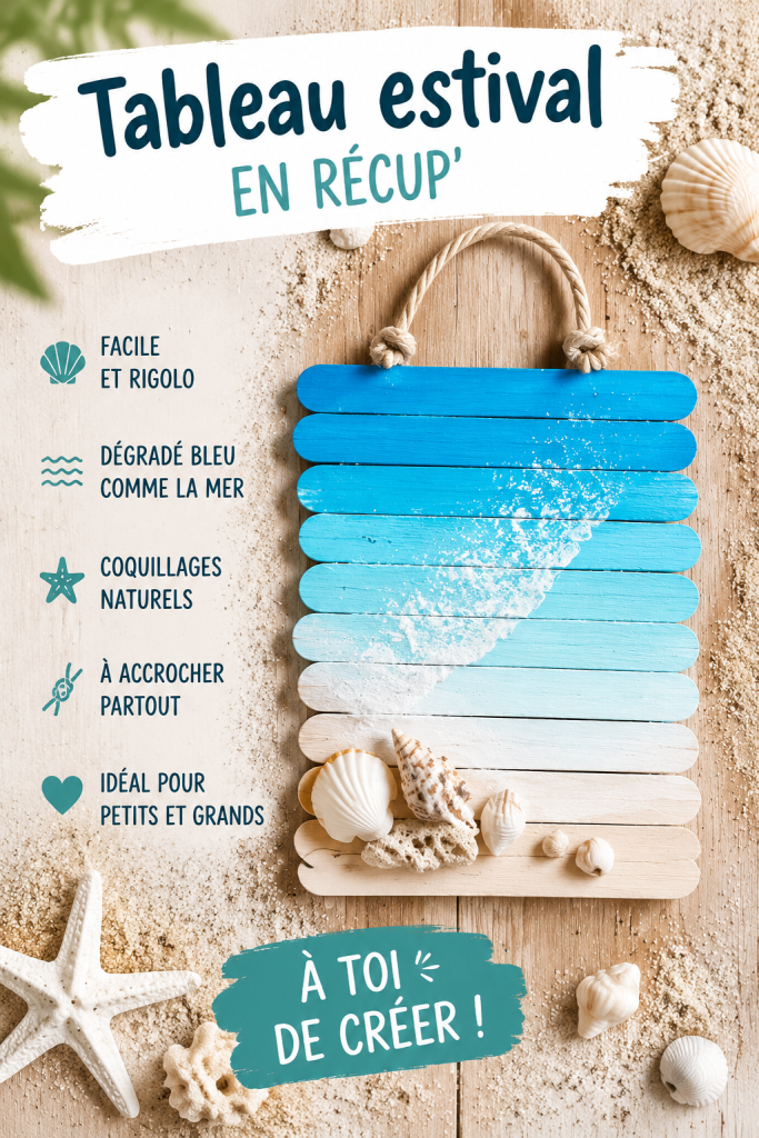 Tableau estival créé avec des bâtonnets de glace et des coquillages, décoré pour rappeler la mer.