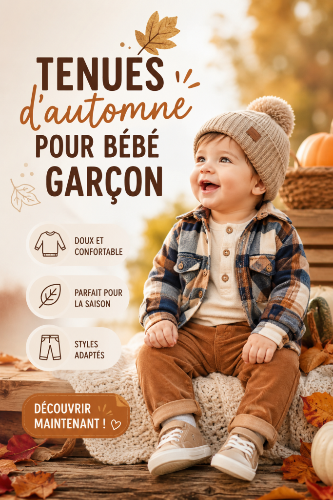 Tenues d'automne pour bébé garçon avec des pulls et manteaux colorés.