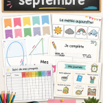 Une illustration colorée représentant des éléments de rentrée en septembre, comme des cahiers, des stylos et un calendrier.