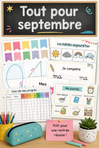 Une illustration colorée représentant des éléments de rentrée en septembre, comme des cahiers, des stylos et un calendrier.