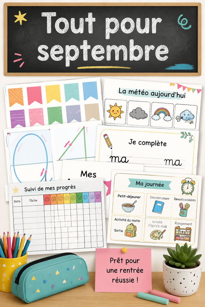 Une illustration colorée représentant des éléments de rentrée en septembre, comme des cahiers, des stylos et un calendrier.