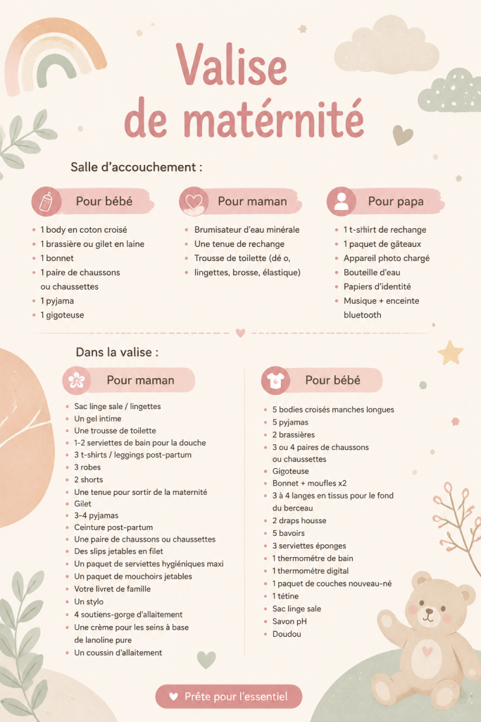 Une valise de maternité ouverte avec des articles essentiels pour une future maman.