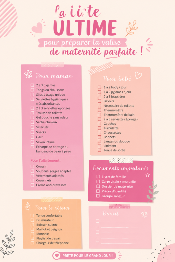 Une valise de maternité ouverte montrant des vêtements pour bébé et des essentiels pour maman.