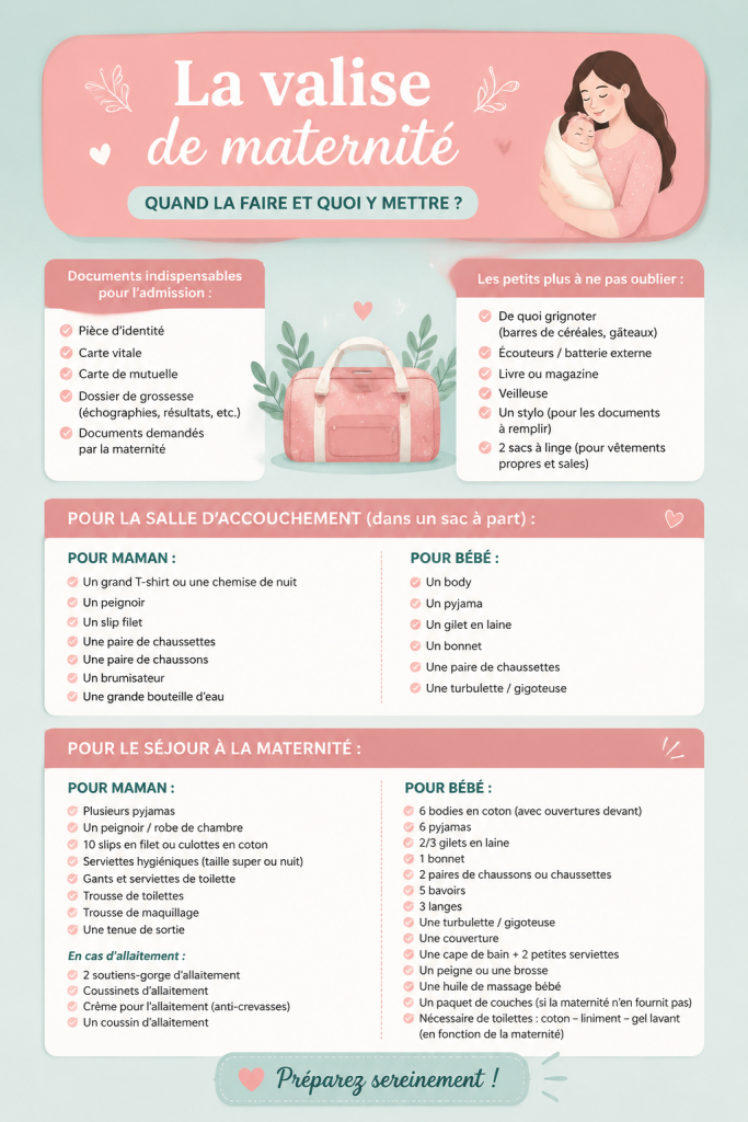 Valise de maternité ouverte avec des vêtements et objets essentiels pour la maman et le bébé.