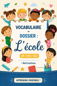 Image d'un classeur sur le vocabulaire pour les élèves du CP à CE2, contenant divers outils pédagogiques.