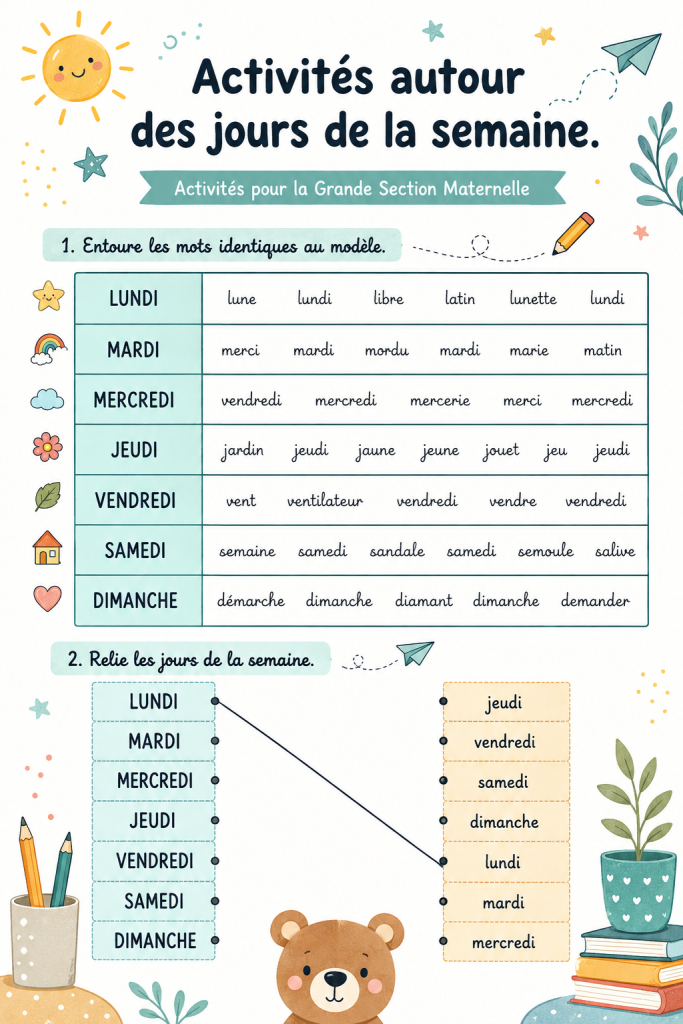 Activités ludiques autour des jours de la semaine pour les enfants en maternelle