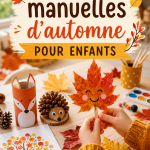 Un groupe d'enfants se divertissant en faisant des activités manuelles d'automne, entourés de feuilles colorées et de décorations DIY.