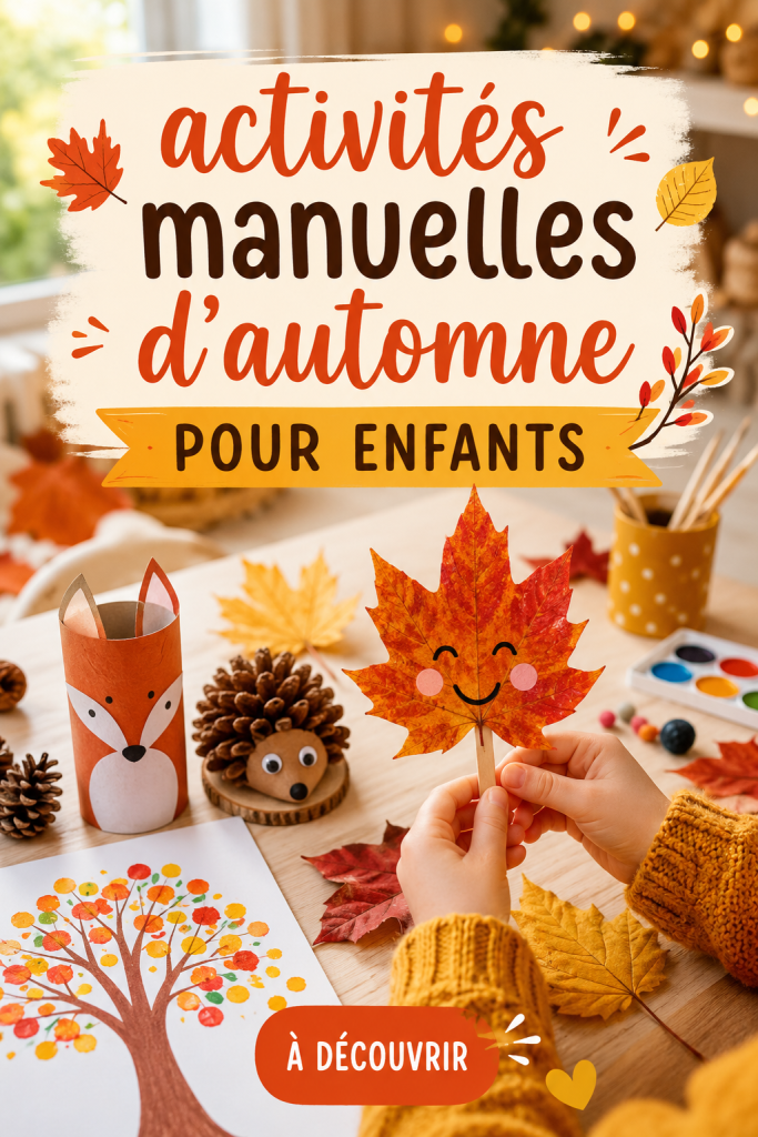 Un groupe d'enfants se divertissant en faisant des activités manuelles d'automne, entourés de feuilles colorées et de décorations DIY.