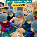 Des enfants jouant à un jeu de rôle sur l'hygiène avec un médecin en jouet.