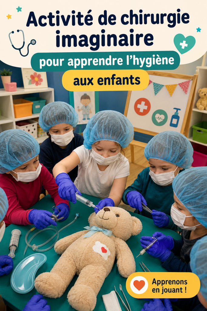 Des enfants jouant à un jeu de rôle sur l'hygiène avec un médecin en jouet.