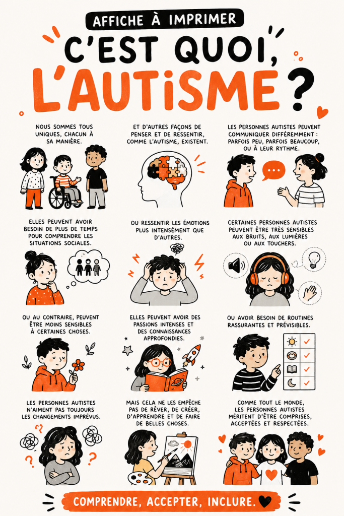 Affiche informative sur l'autisme, illustrée et facile à comprendre.
