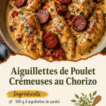 Aiguillettes de poulet crémeuses accompagnées de chorizo dans une poêle.