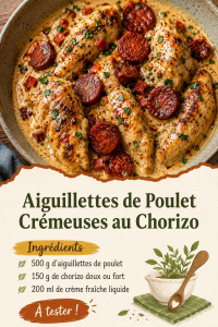 Aiguillettes de poulet crémeuses accompagnées de chorizo dans une poêle.