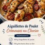Un plat d'aiguillettes de poulet crémeuses au chorizo sur une table dressée.