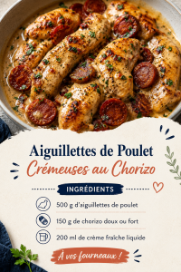 Un plat d'aiguillettes de poulet crémeuses au chorizo sur une table dressée.