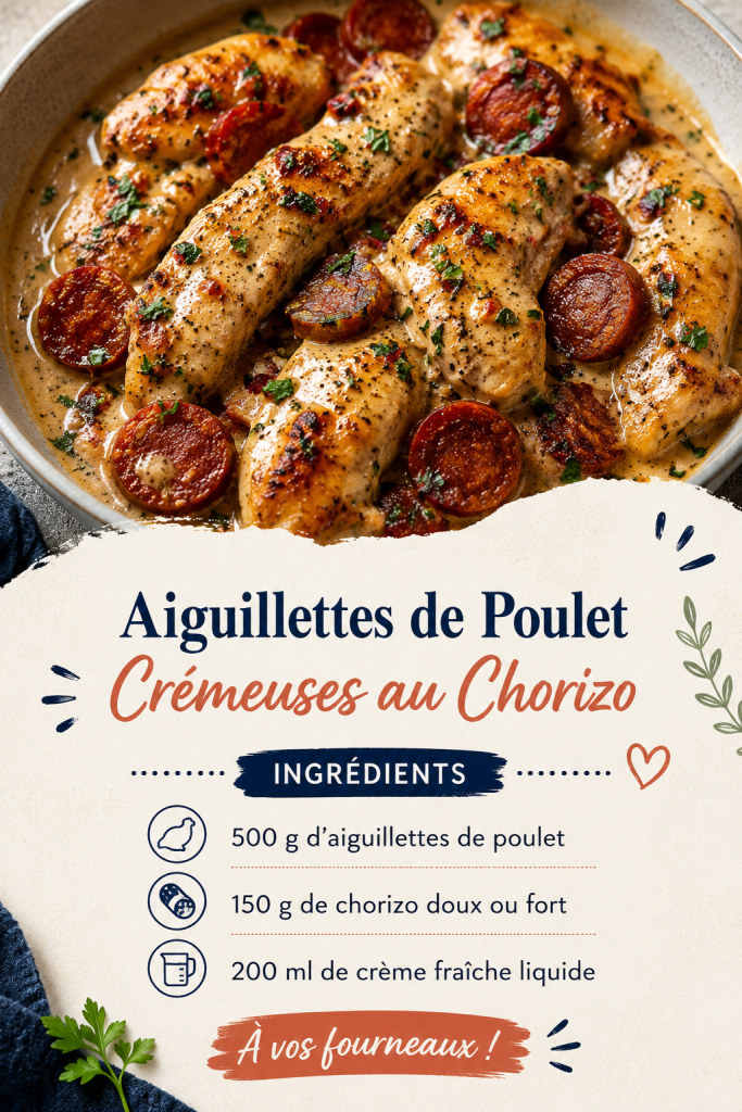 Un plat d'aiguillettes de poulet crémeuses au chorizo sur une table dressée.
