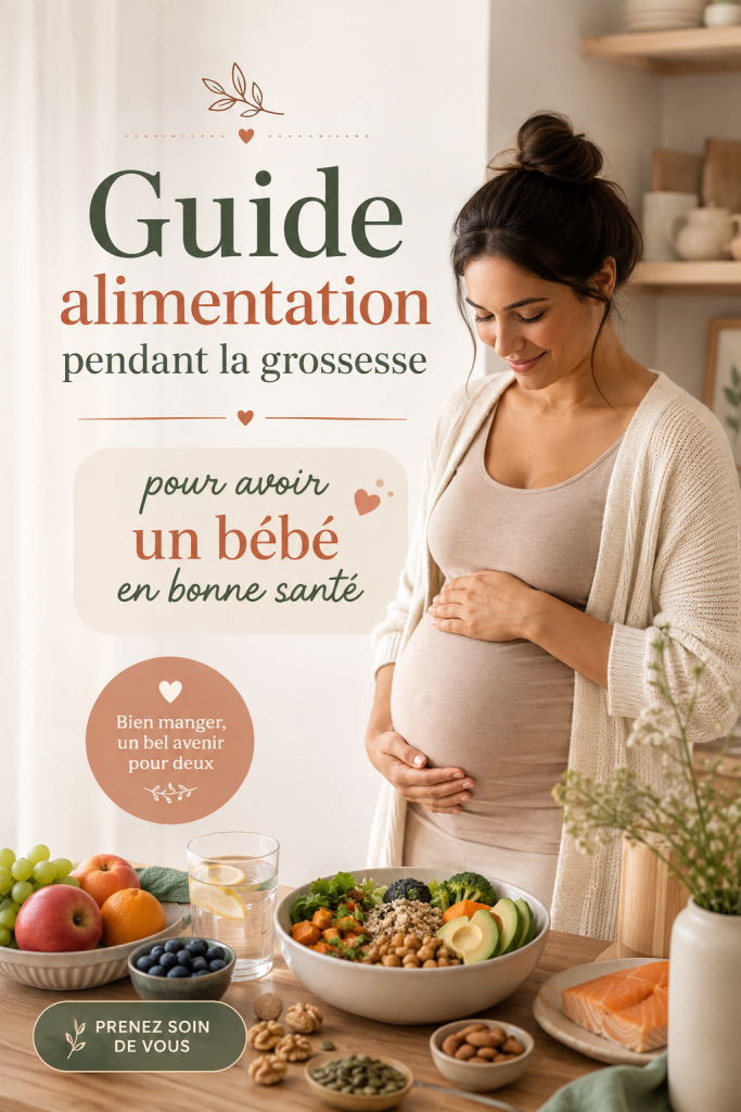 Une femme enceinte souriante préparant un repas équilibré dans sa cuisine