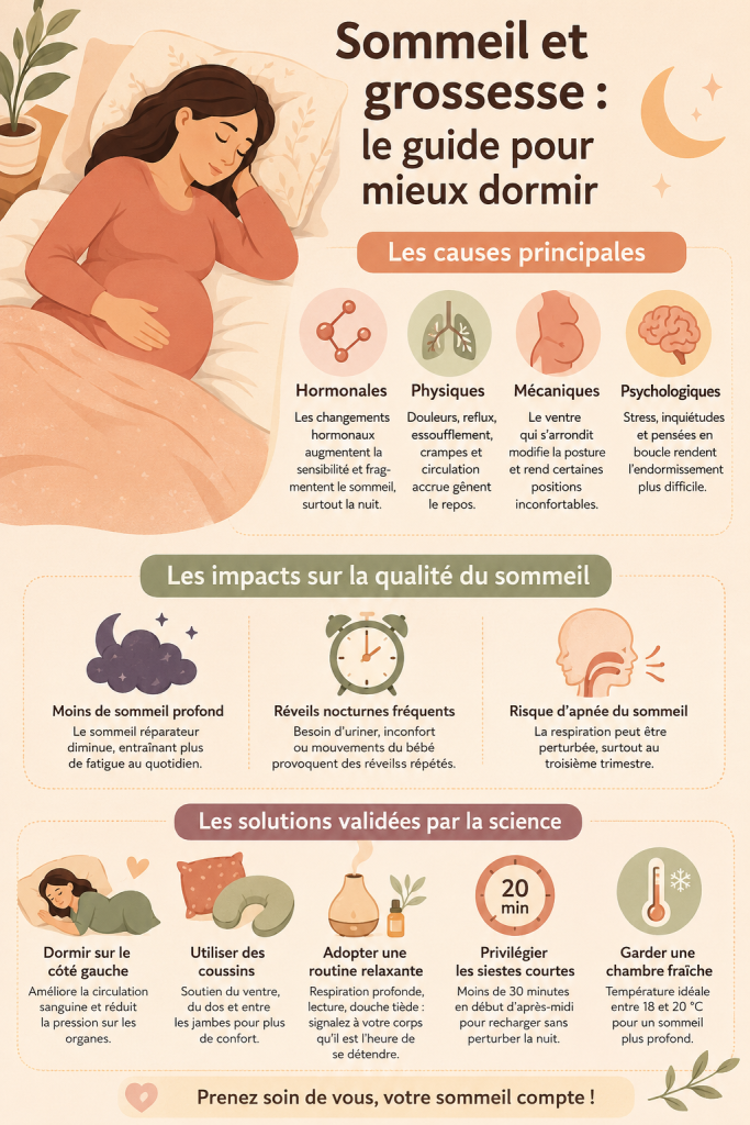 Image d'une femme enceinte dormant paisiblement, représentant l'importance du sommeil pendant la grossesse.
