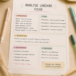 Illustration d'une fiche d'analyse linéaire en littérature, avec des notes et extraits textuels.