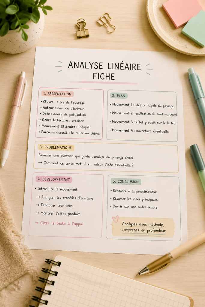 Illustration d'une fiche d'analyse linéaire en littérature, avec des notes et extraits textuels.