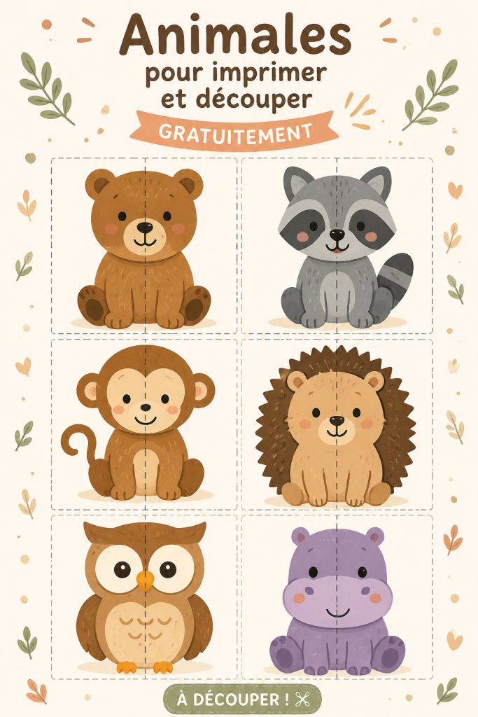 Aperçu de différents animaux à imprimer et découper pour les enfants.