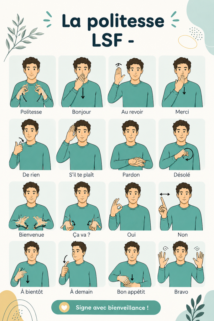 Illustration de signes de politesse en Langue des Signes Française (LSF) montrant un geste convivial.