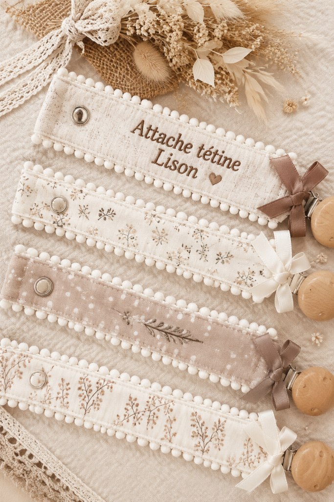 Attache tétine Lison en tissu coloré, pratique pour les bébés.