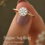 Bague de fiançailles en halo de diamants, lumineuse et élégante.
