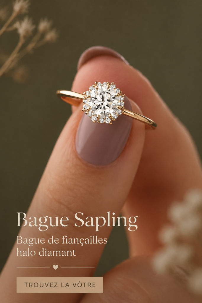 Bague de fiançailles en halo de diamants, lumineuse et élégante.