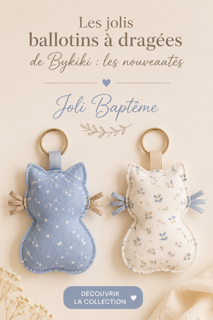 Collection de ballotins à dragées colorés Bykiki pour un baptême élégant.