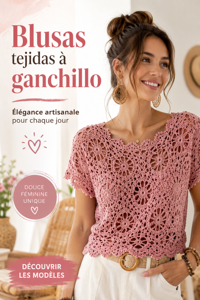 Une blouse au crochet stylée pour toute la famille, mettant en valeur des couleurs vives.