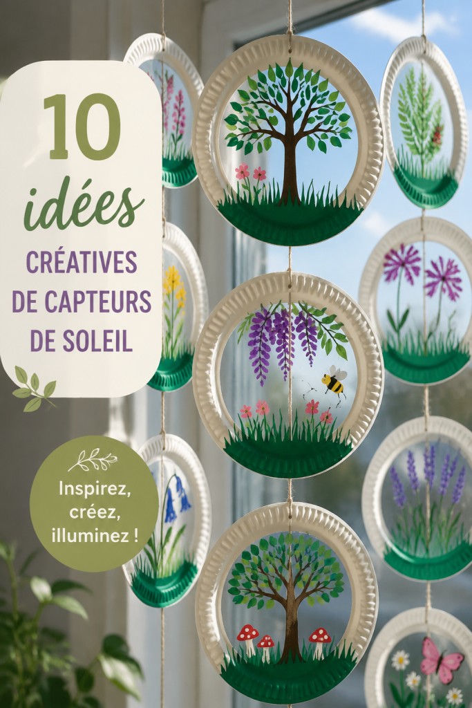 Bricolage nature avec des enfants, montrant des suncatchers colorés suspendus.