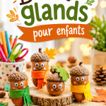 Des enfants souriants bricolant avec des glands colorés.