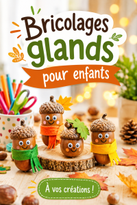 Des enfants souriants bricolant avec des glands colorés.