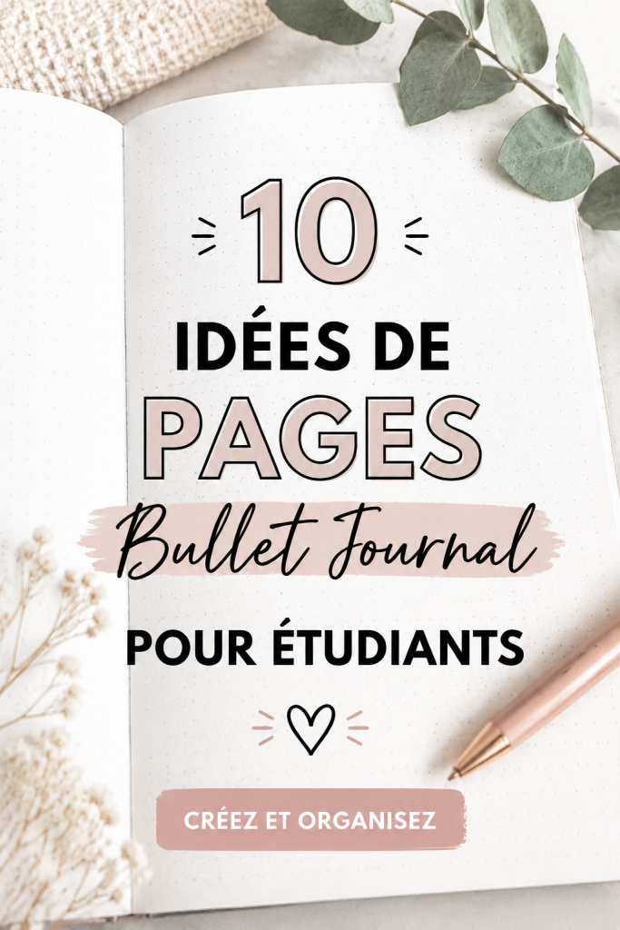 Bullet Journal ouvert avec des notes d'étudiants et des fournitures colorées sur un bureau.