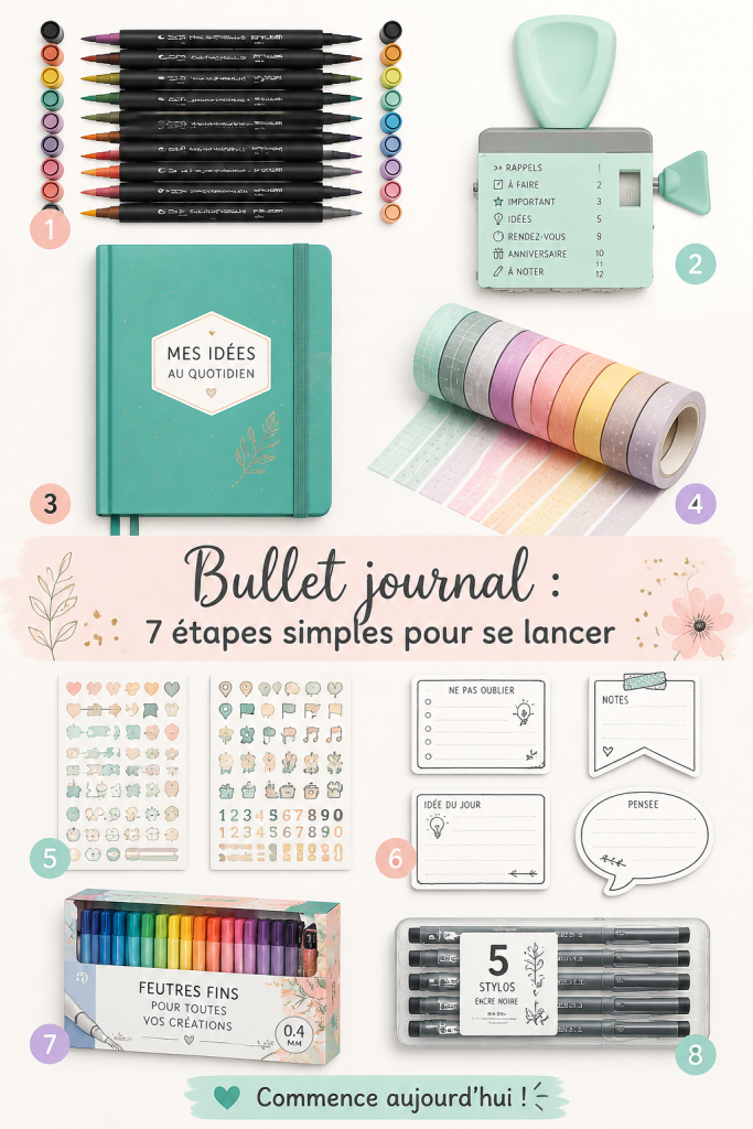 Un bullet journal ouvert avec des stylos et des notes colorées