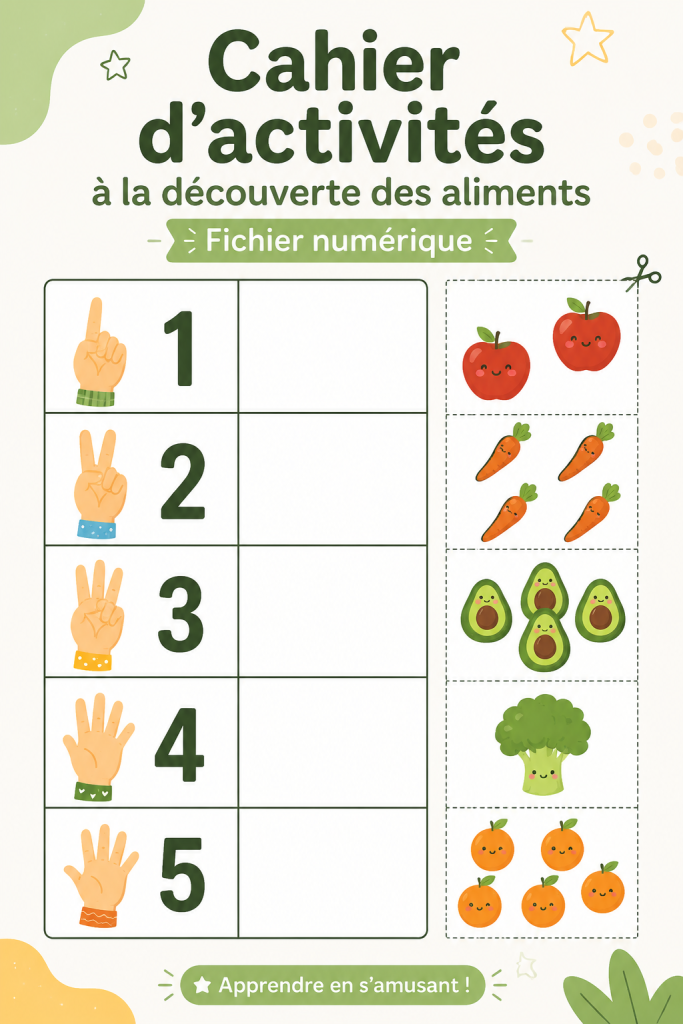 Un cahier d'activités coloré sur les aliments avec des illustrations ludiques pour enfants.