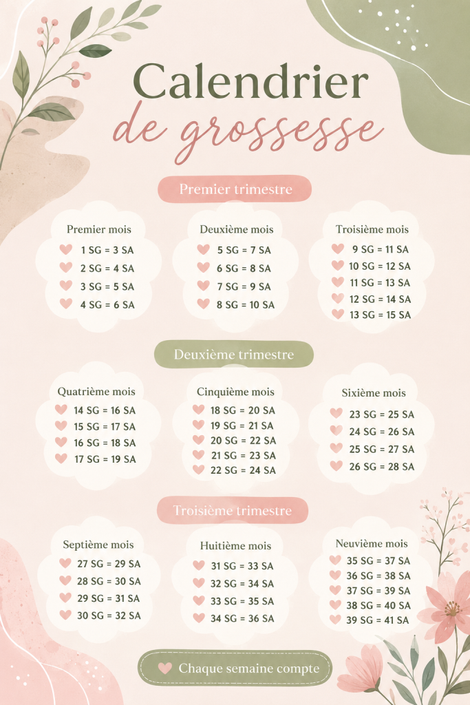 Calendrier de grossesse personnalisé avec les étapes clés à travers chaque mois.
