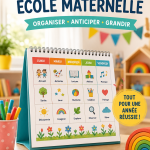 Calendrier scolaire illustré pour les écoles maternelles avec des couleurs vives et des illustrations éducatives.