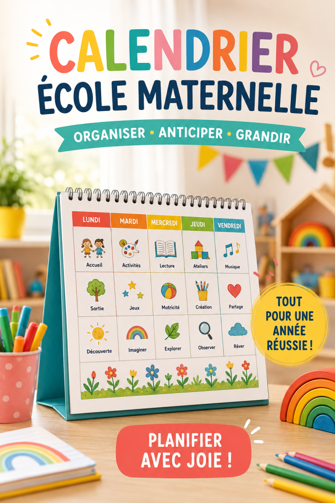 Calendrier scolaire illustré pour les écoles maternelles avec des couleurs vives et des illustrations éducatives.