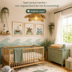 Chambre de bébé décorée avec un tapis tortue et des murs vagues, ambiance marine et cozy.