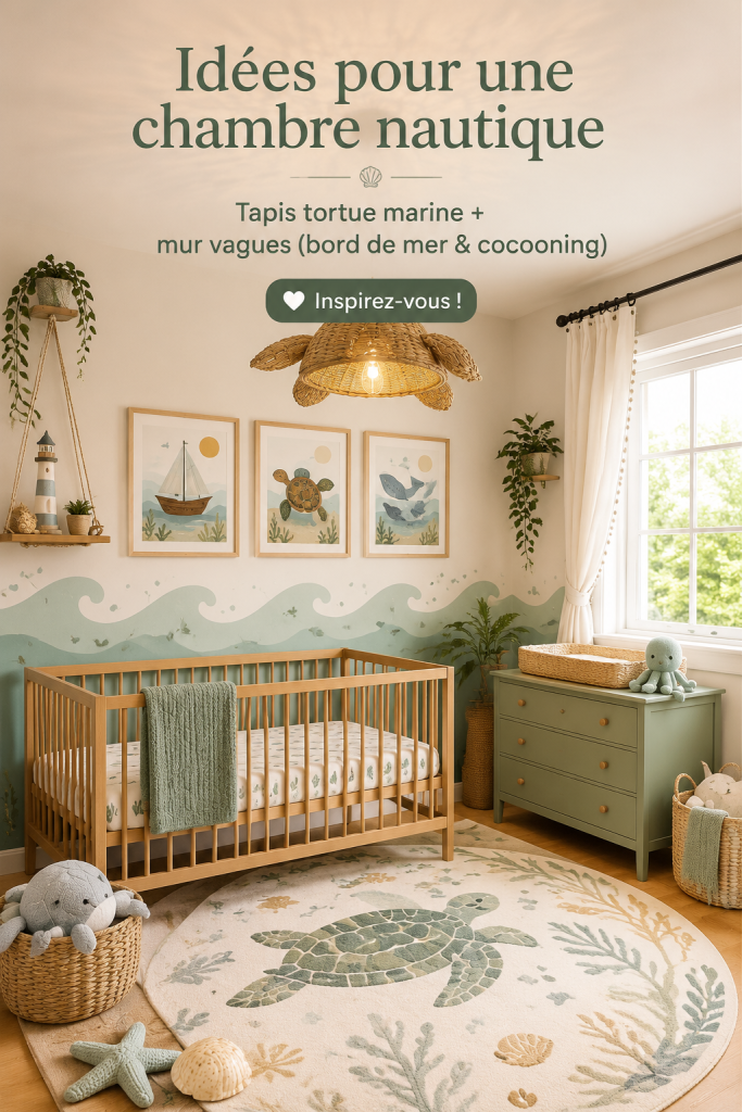 Chambre de bébé décorée avec un tapis tortue et des murs vagues, ambiance marine et cozy.