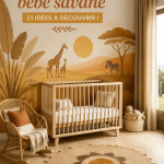 Chambre bébé décorée sur le thème savane avec des murs beige et des accessoires animaliers
