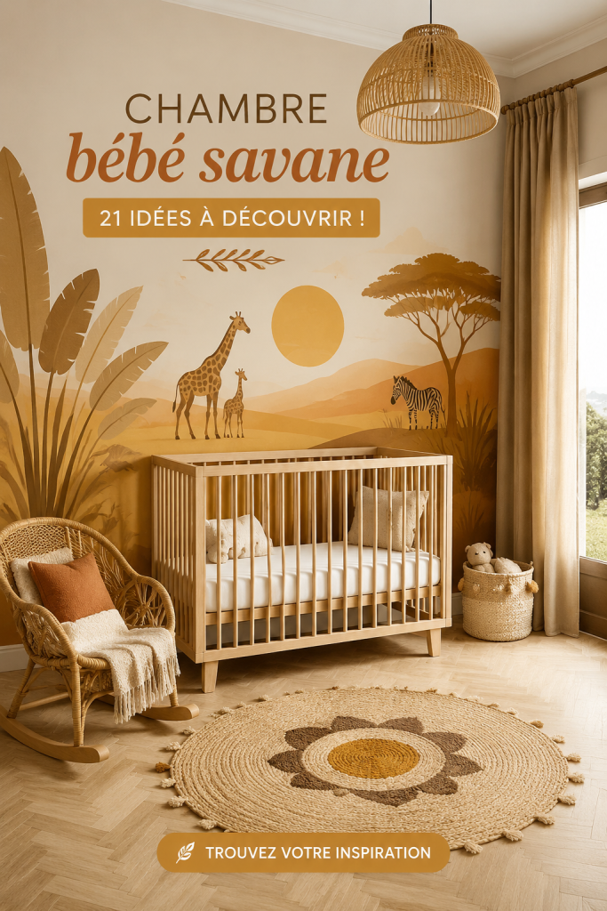 Chambre bébé décorée sur le thème savane avec des murs beige et des accessoires animaliers