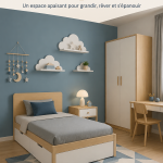 Chambre moderne pour garçon avec un lit confortable et une déco céleste