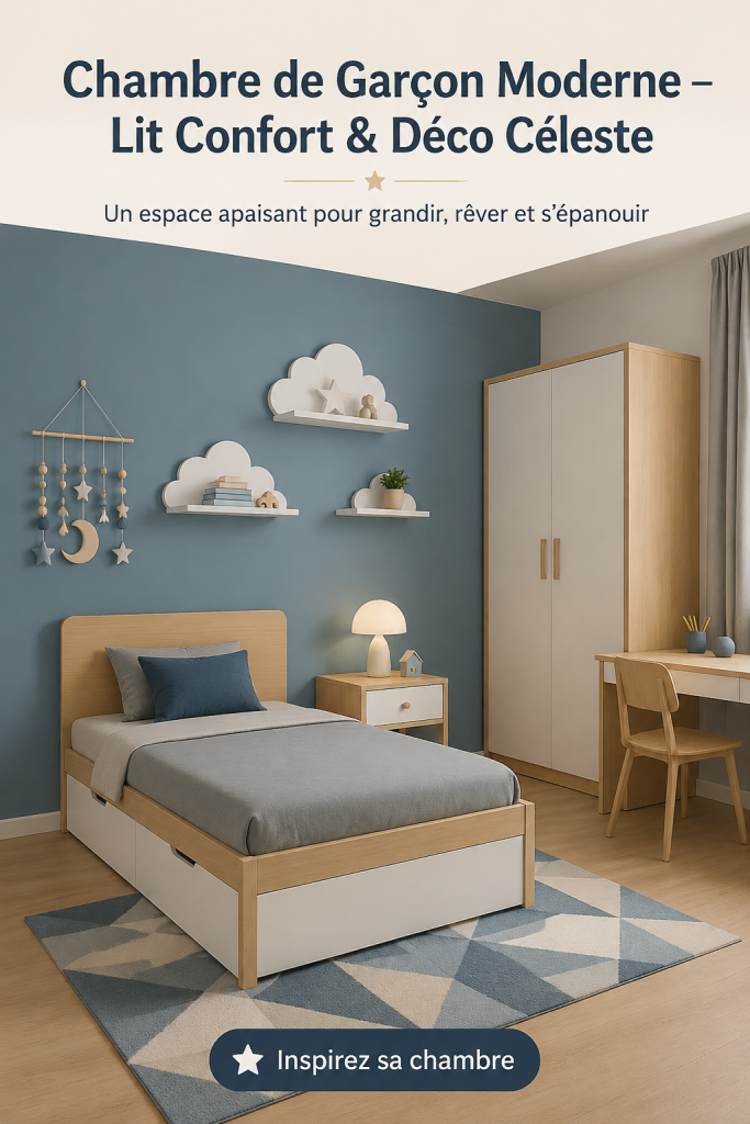 Chambre moderne pour garçon avec un lit confortable et une déco céleste
