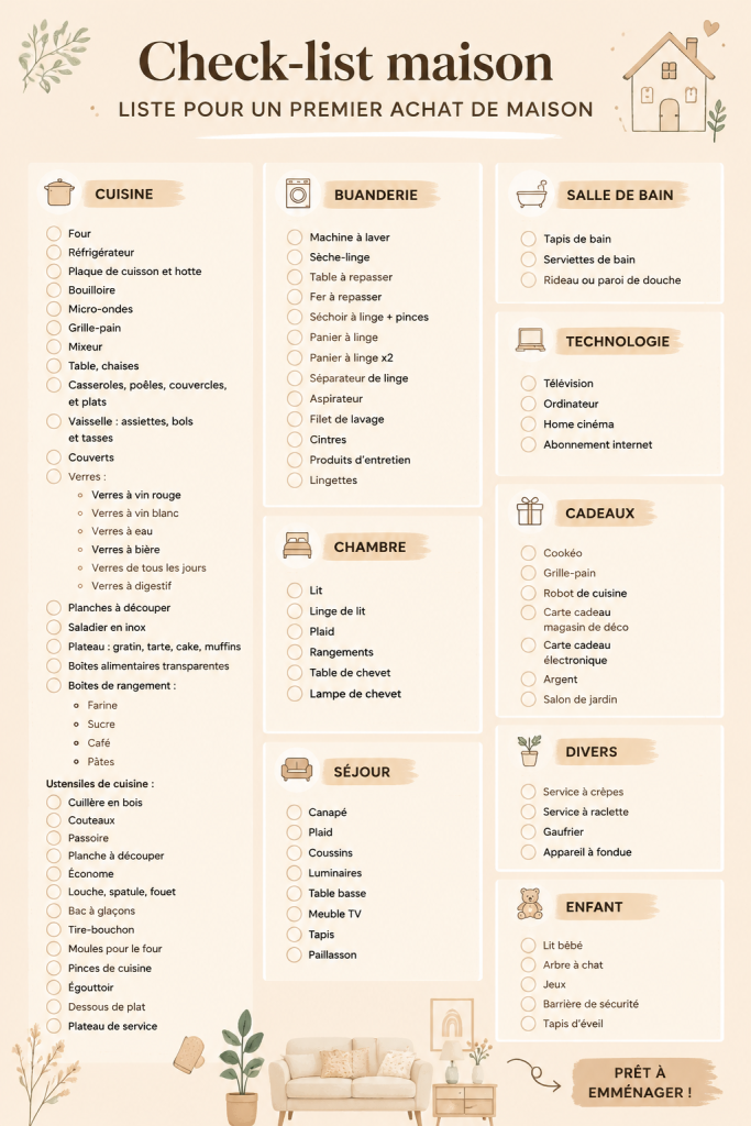 Check-list pour le premier achat immobilier avec une maison en arrière-plan.