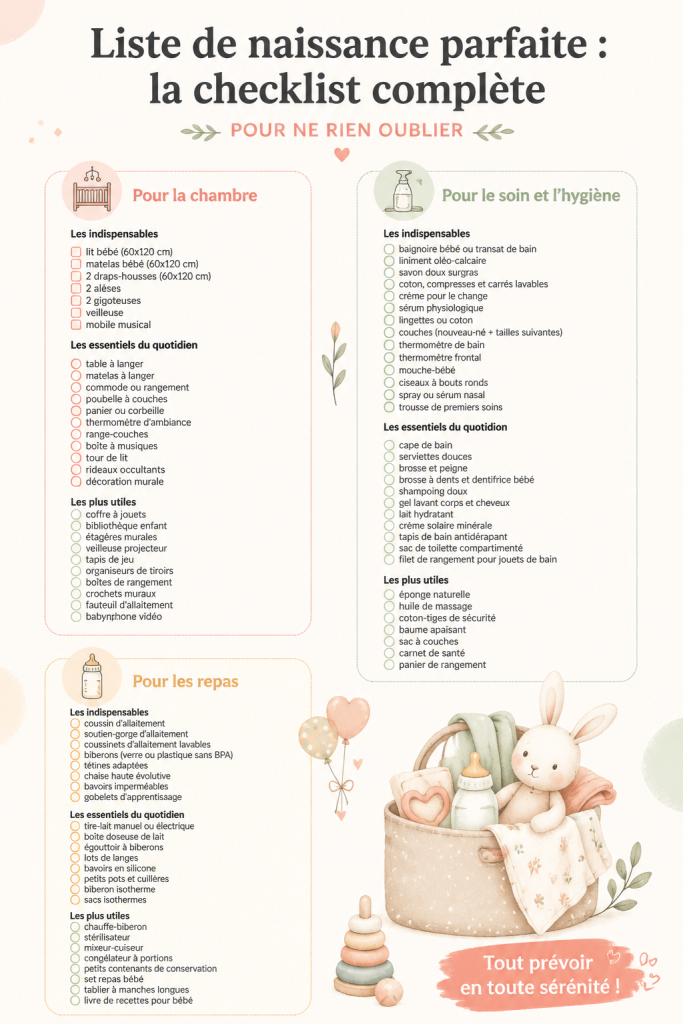 Checklist de naissance avec des articles essentiels pour accueillir un bébé